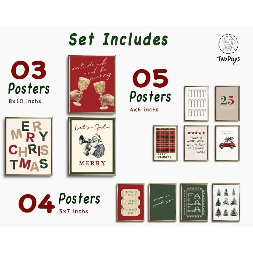 NWT TwoDays Retro Christmas Wall Art Poster Set 12 Unframed Holiday Decor